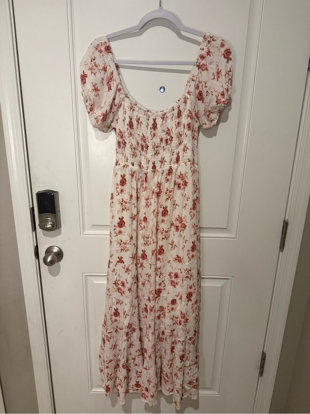 Smocked Puff-Sleeve Maxi Dress - Cream with Rust Floral